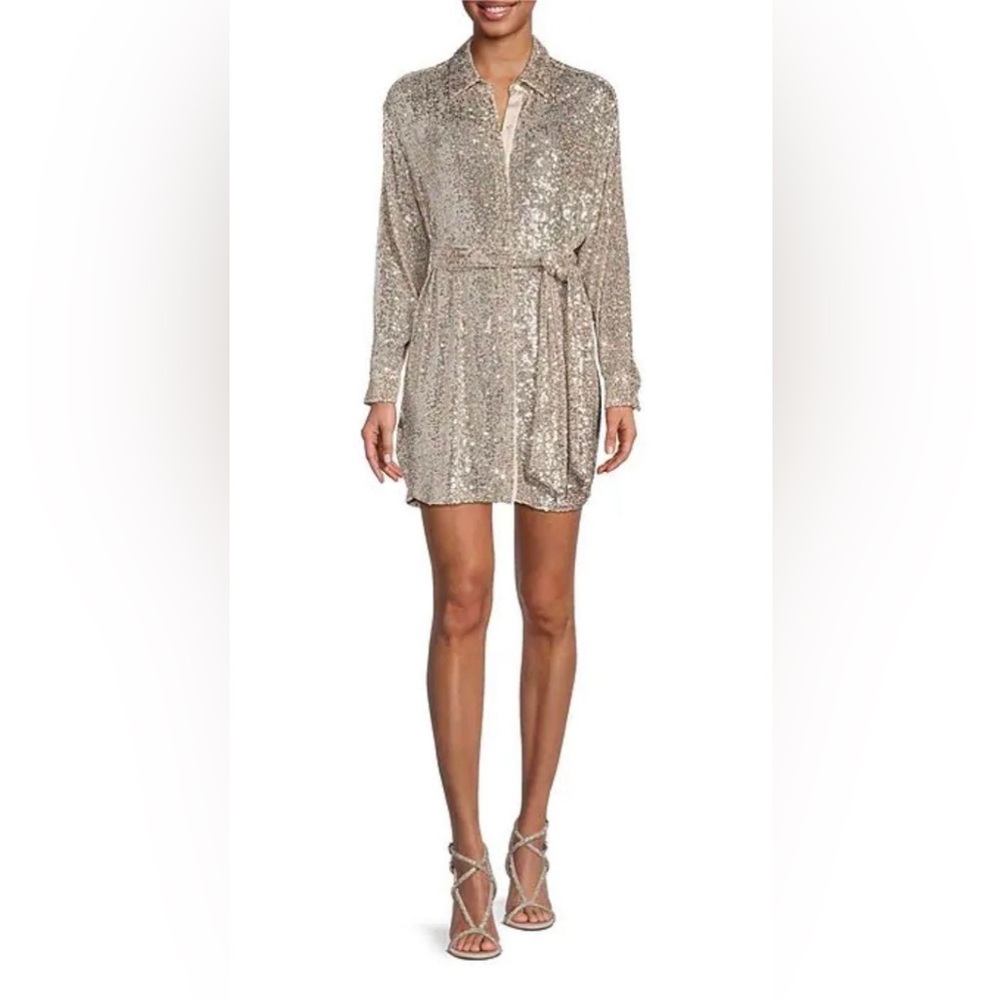 Gianni Bini Noelle Sequin Point Collar Neck Button Front Shirt Dress S